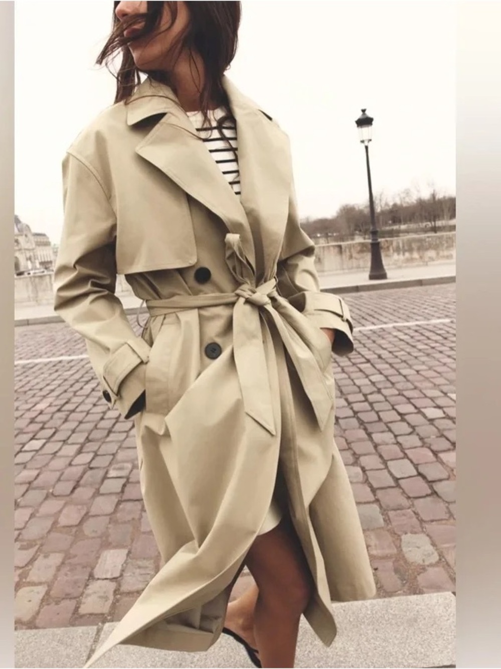 NWT. Zara Taupe Brown Water Repellent Trench Coat with Belt. Size L.